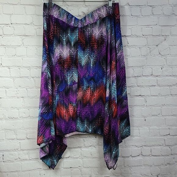 Hot Kiss 1X Colorful Abstract Chevron Sharkbite Flowy Knit Midi Skirt High-Low - Picture 8 of 8